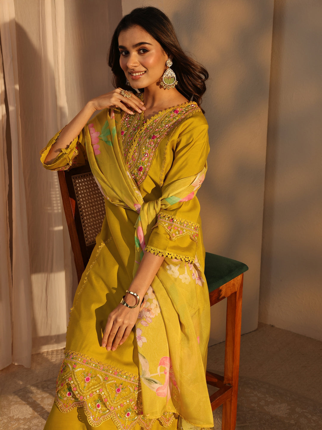Mustard Ethnic Embroidered Silk Blend A-Line Suits Set With Dupatta