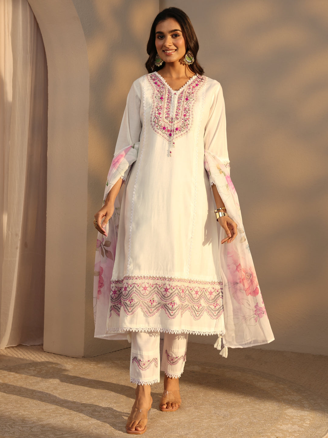 Off White Ethnic Embroidered Silk Blend A-Line Suits Set With Dupatta