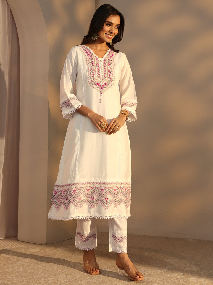 Off White Ethnic Embroidered Silk Blend A-Line Suits Set With Dupatta