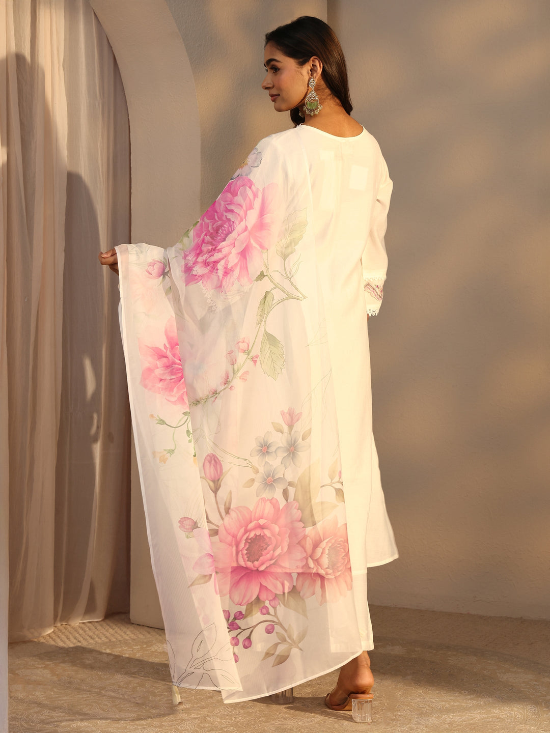 Off White Ethnic Embroidered Silk Blend A-Line Suits Set With Dupatta