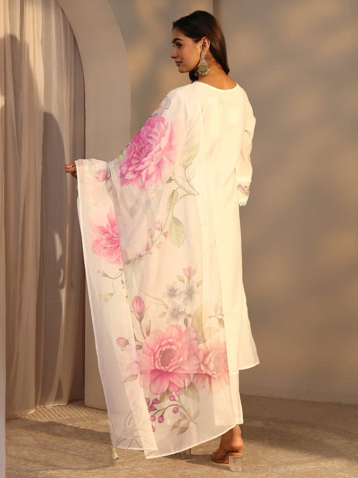 Off White Ethnic Embroidered Silk Blend A-Line Suits Set With Dupatta