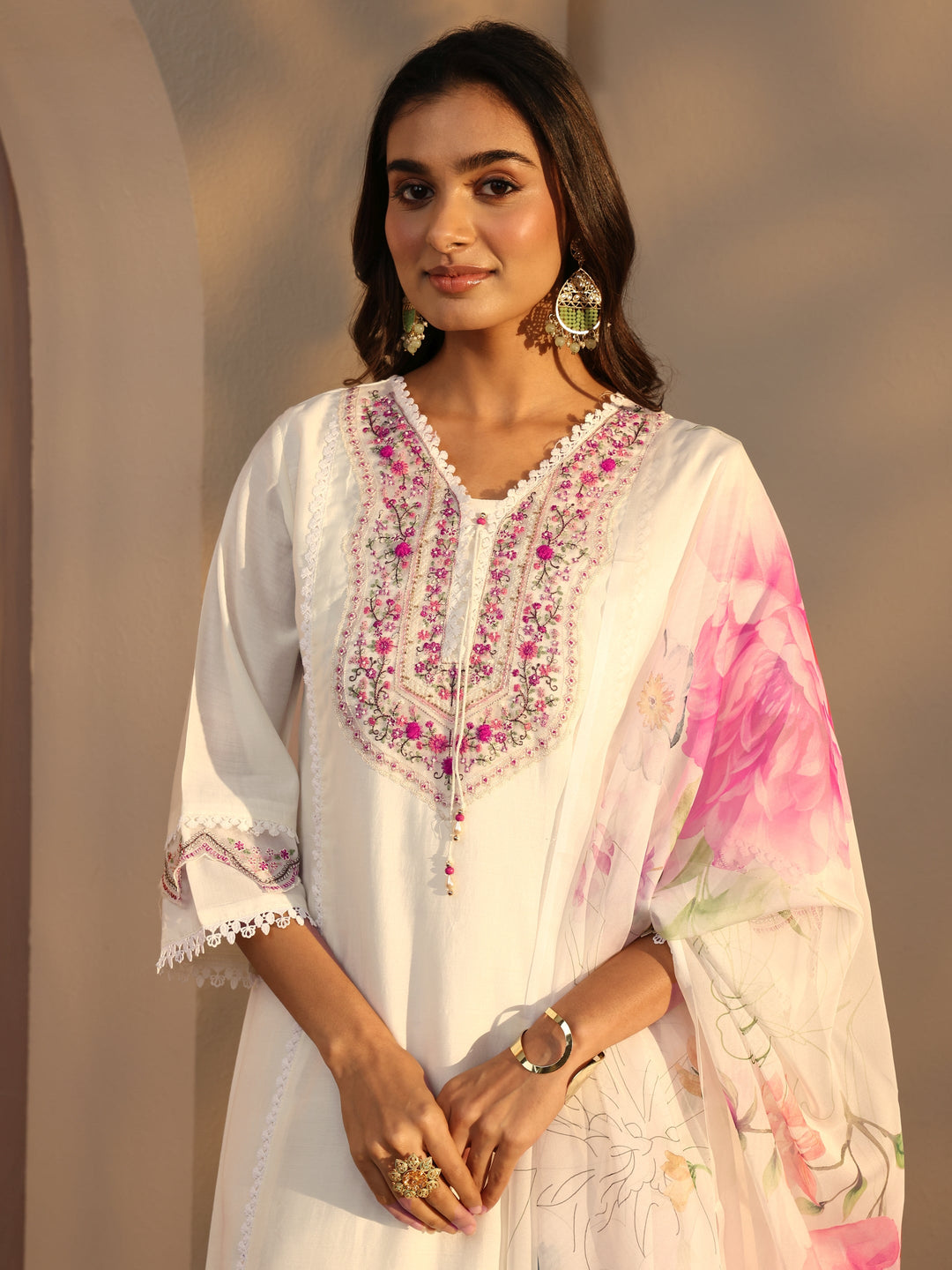 Off White Ethnic Embroidered Silk Blend A-Line Suits Set With Dupatta