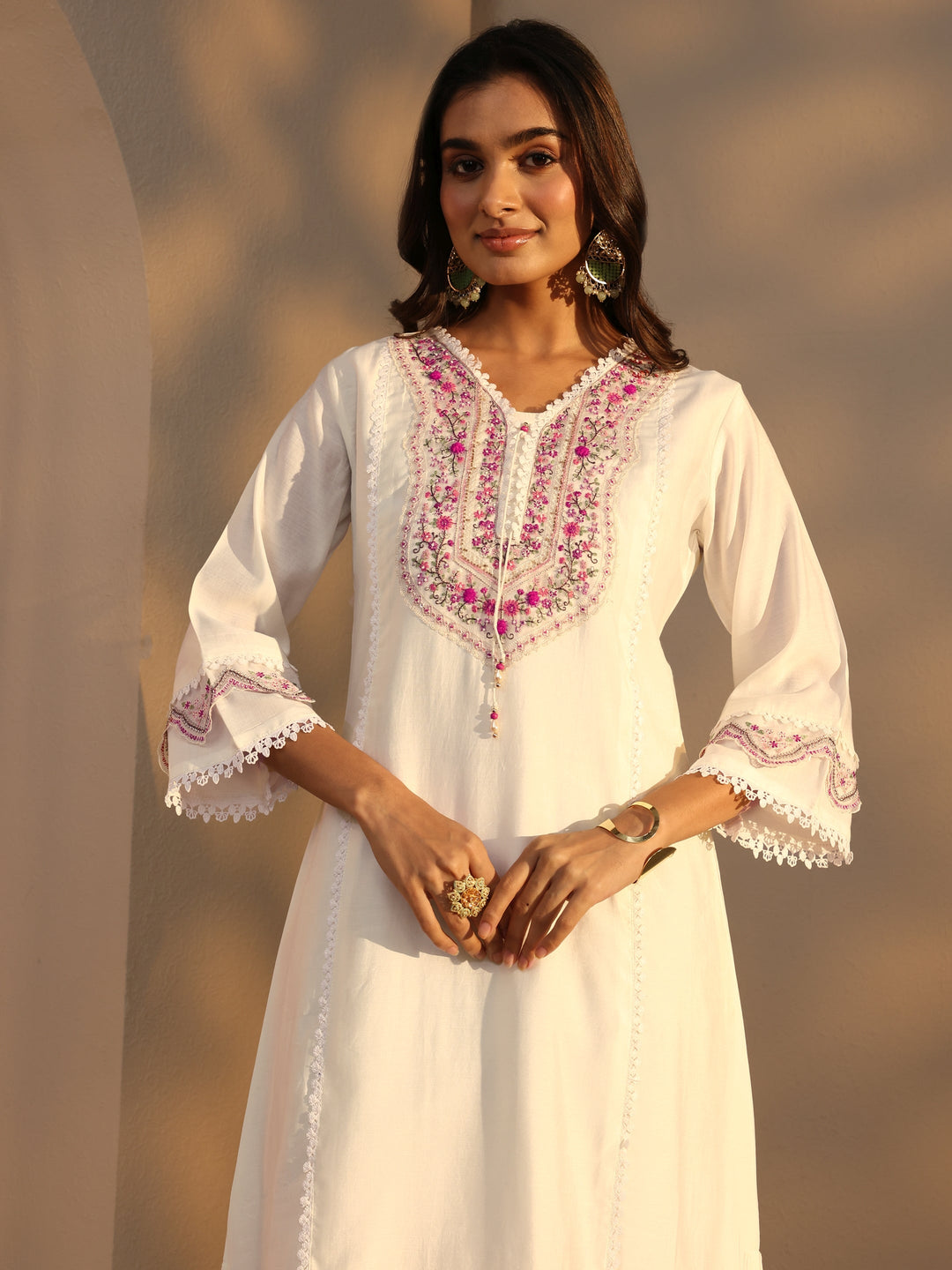 Off White Ethnic Embroidered Silk Blend A-Line Suits Set With Dupatta