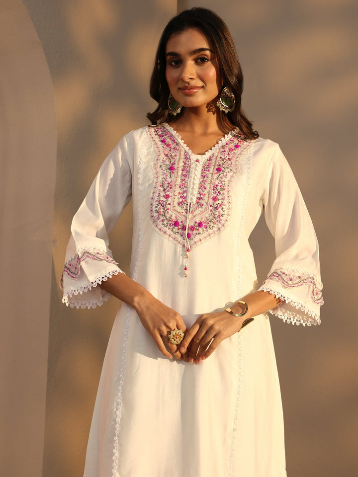 Off White Ethnic Embroidered Silk Blend A-Line Suits Set With Dupatta
