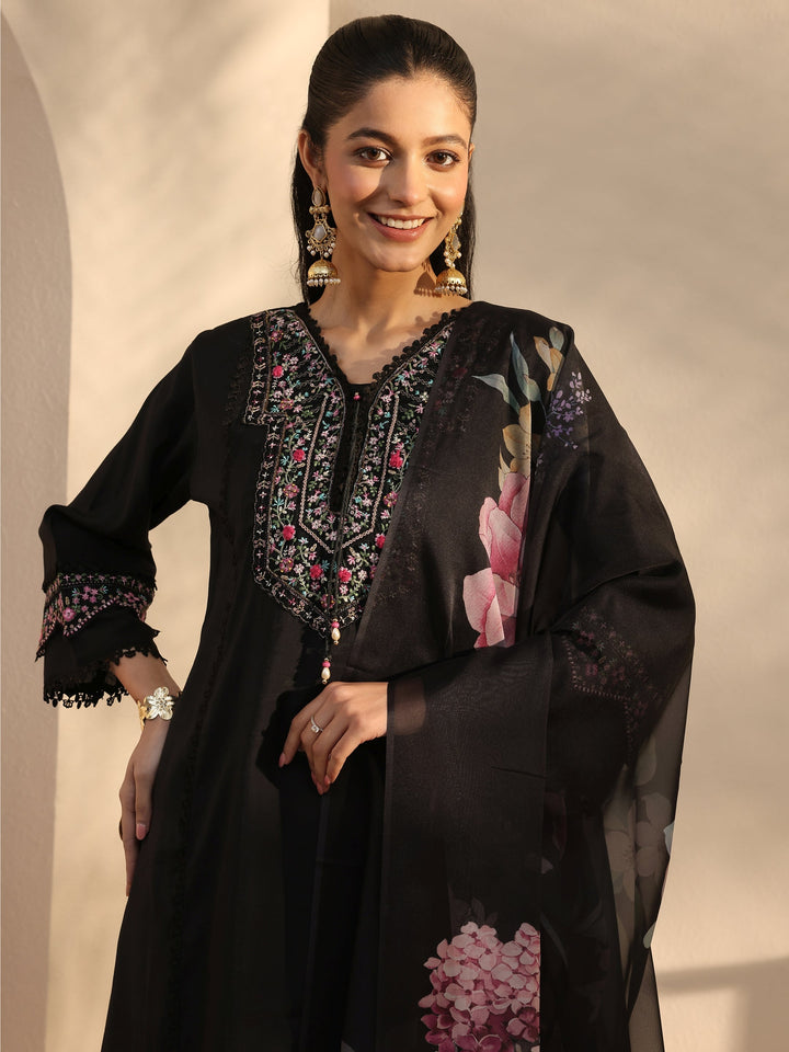 Black Ethnic Embroidered Silk Blend A-Line Suits Set With Dupatta