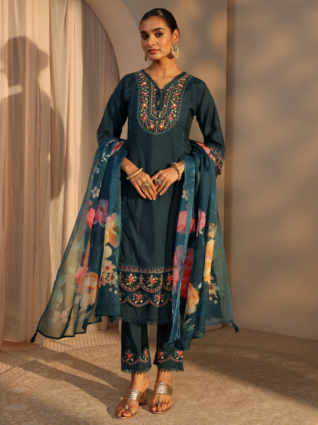 Blue Ethnic Embroidered Silk Blend A-Line Suits Set With Dupatta