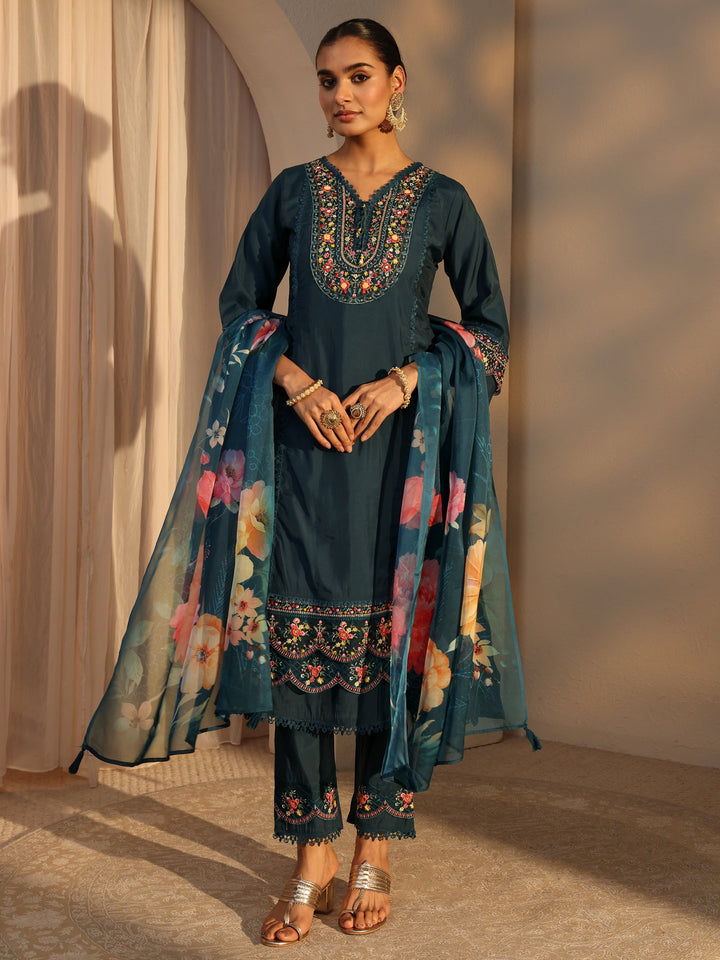 Blue Ethnic Embroidered Silk Blend A-Line Suits Set With Dupatta