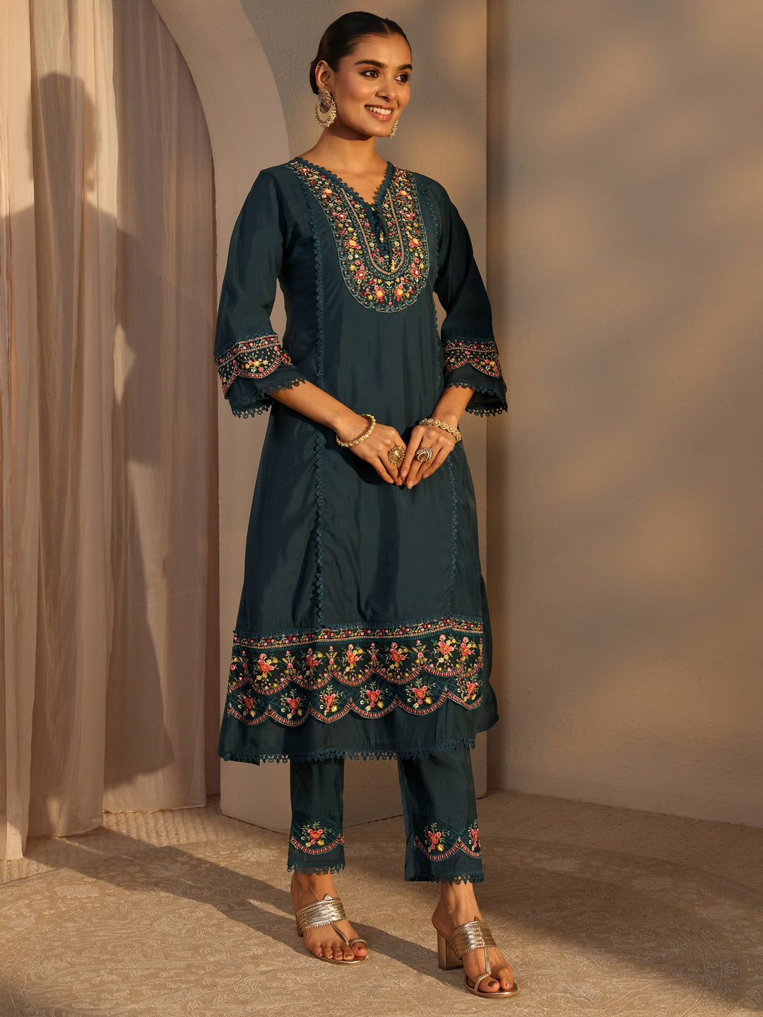Blue Ethnic Embroidered Silk Blend A-Line Suits Set With Dupatta