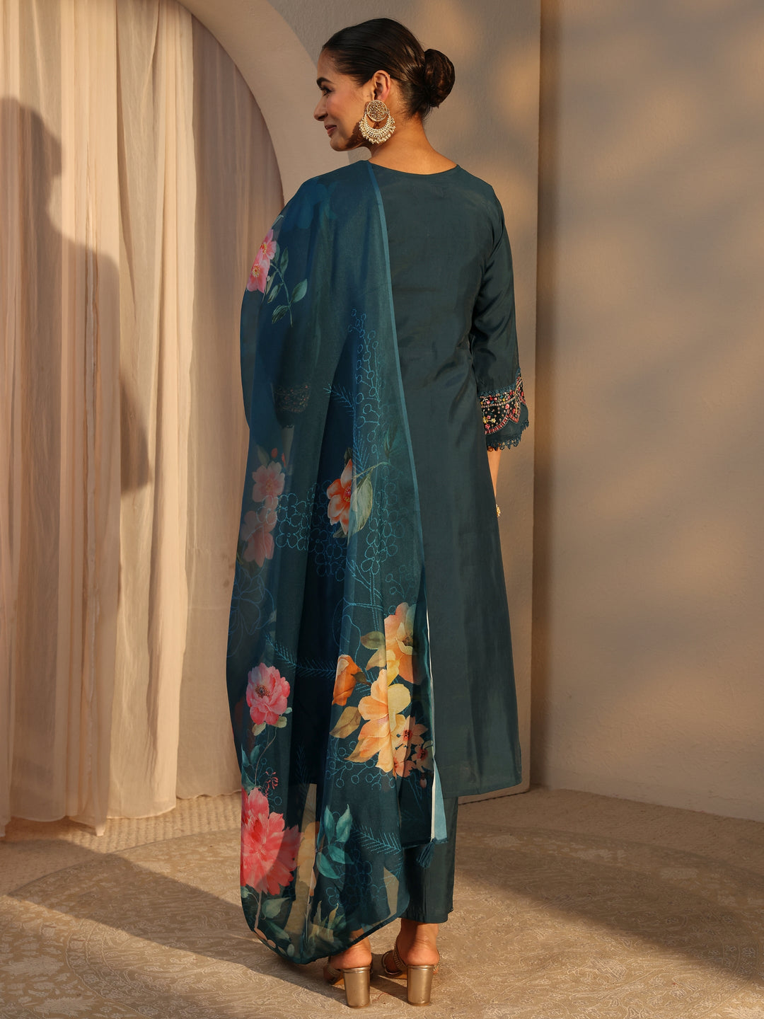 Blue Ethnic Embroidered Silk Blend A-Line Suits Set With Dupatta