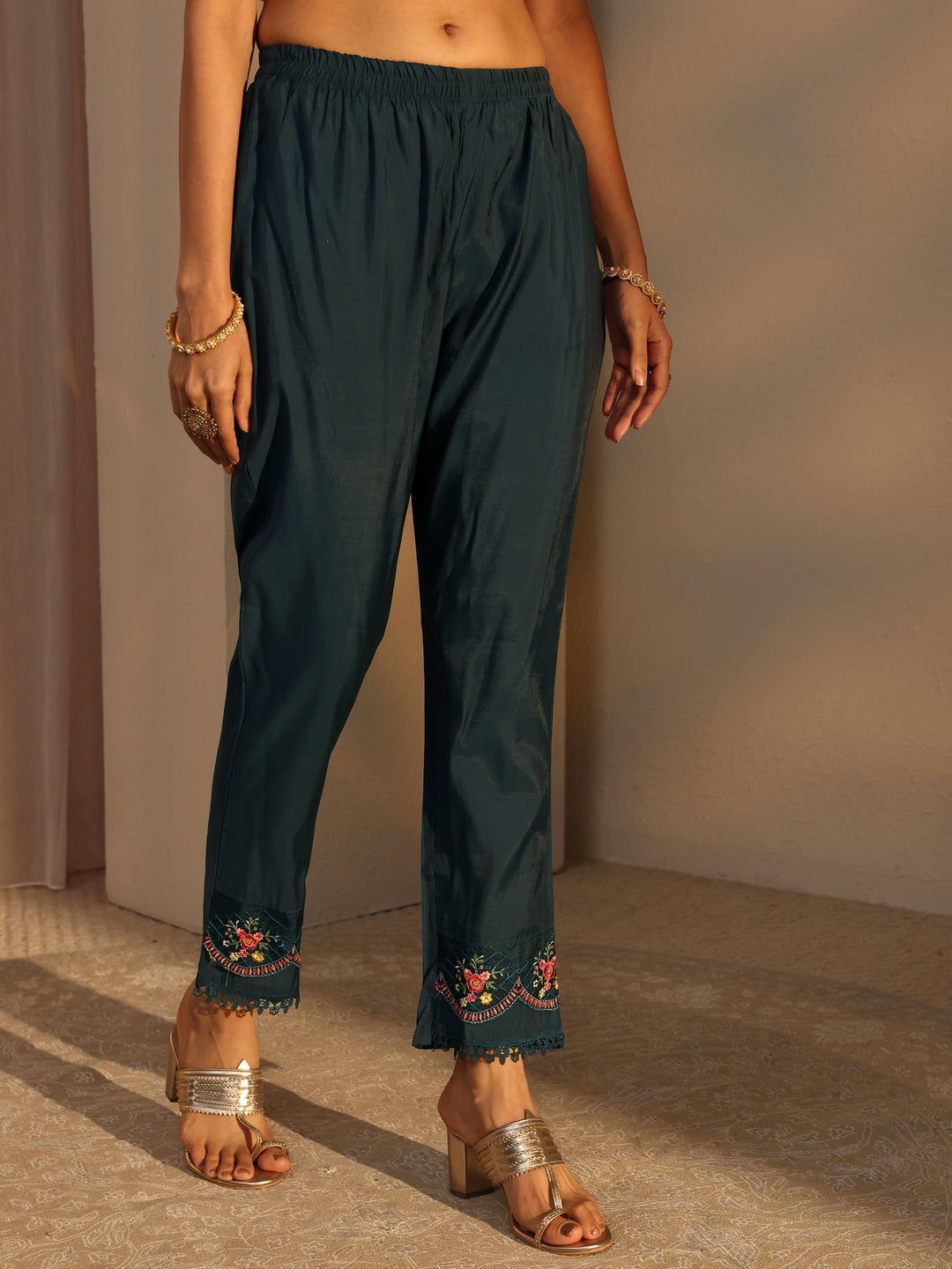 Blue Ethnic Embroidered Silk Blend A-Line Suits Set With Dupatta