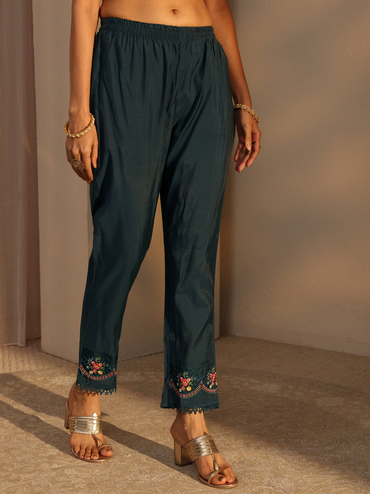 Blue Ethnic Embroidered Silk Blend A-Line Suits Set With Dupatta