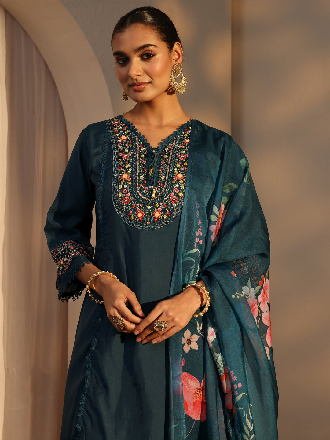 Blue Ethnic Embroidered Silk Blend A-Line Suits Set With Dupatta