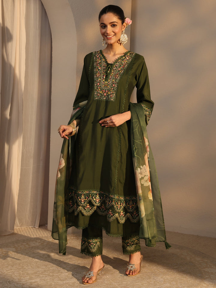Green Ethnic Embroidered Silk Blend A-Line Suits Set With Dupatta