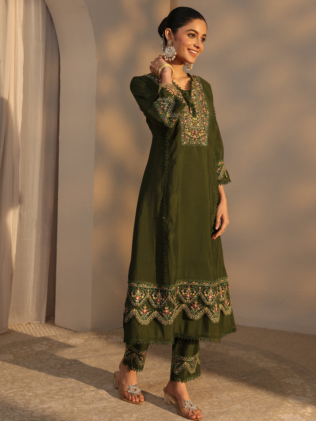 Green Ethnic Embroidered Silk Blend A-Line Suits Set With Dupatta