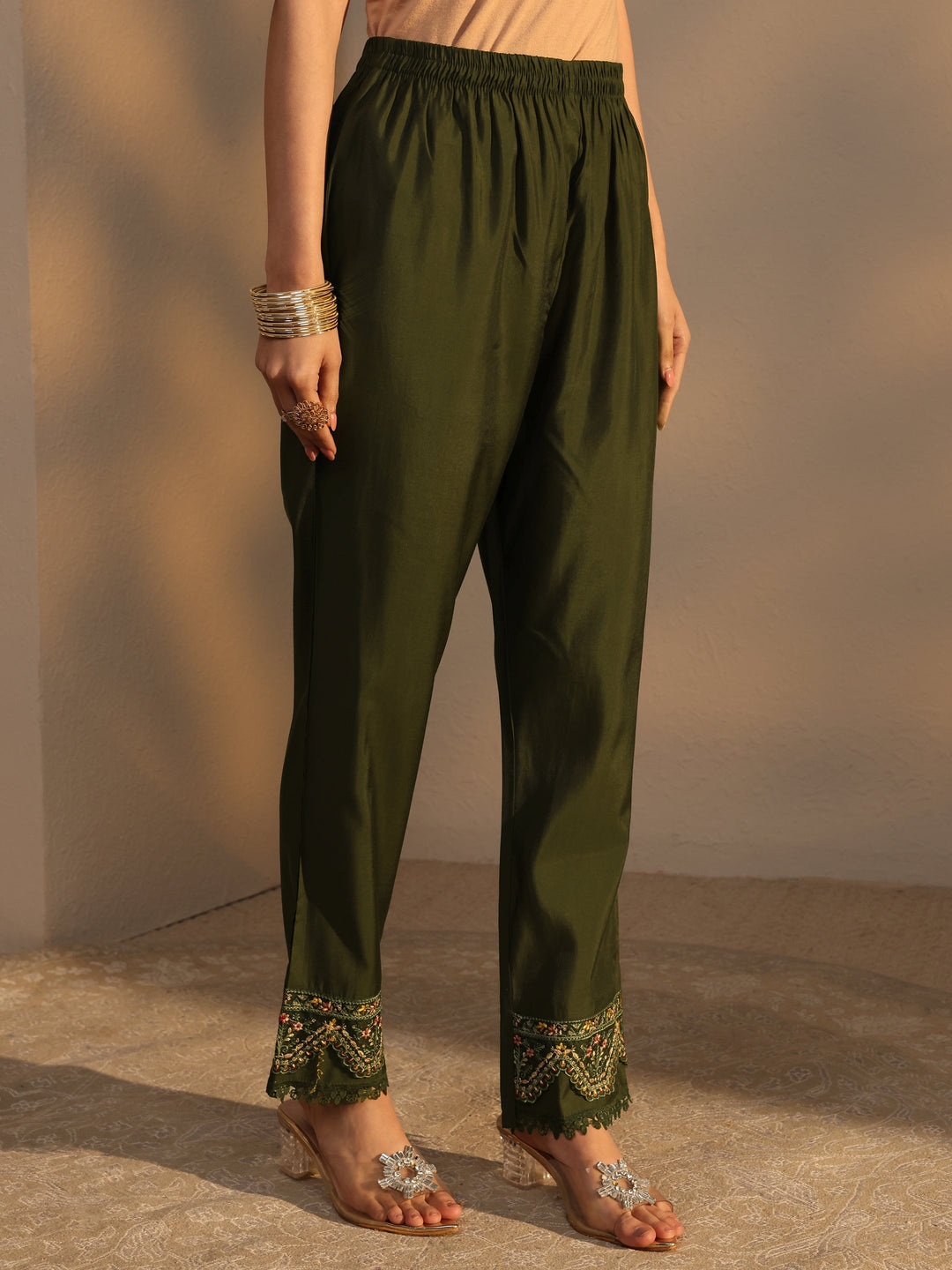 Green Ethnic Embroidered Silk Blend A-Line Suits Set With Dupatta