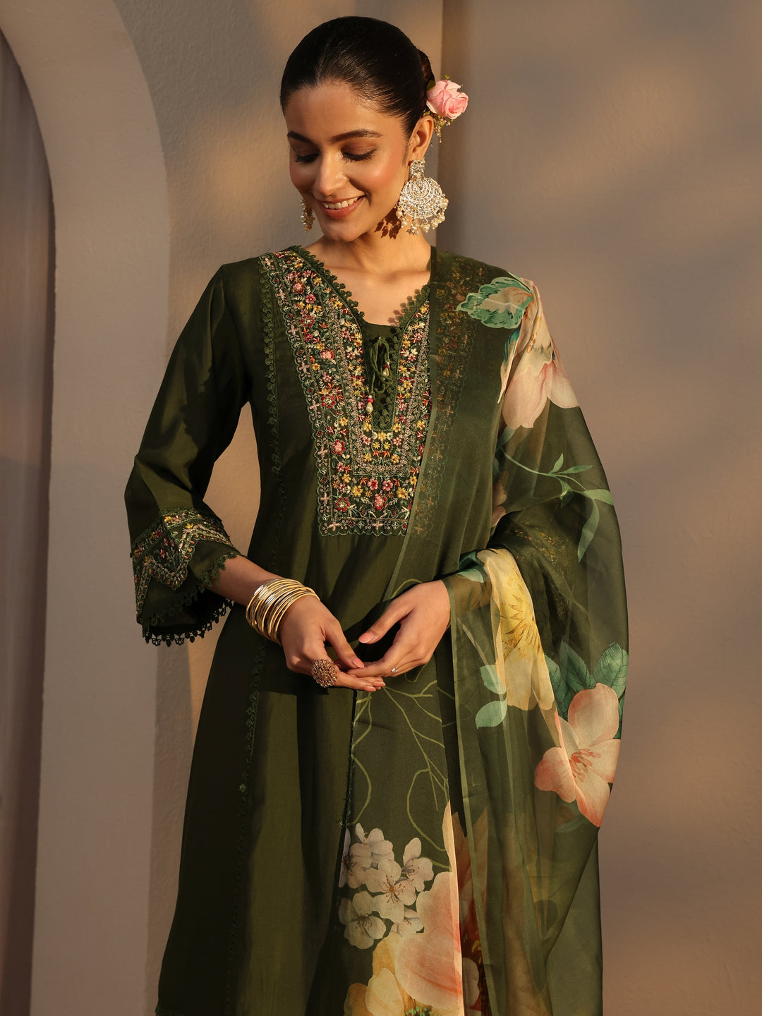 Green Ethnic Embroidered Silk Blend A-Line Suits Set With Dupatta