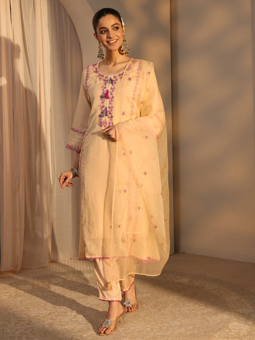 Cream Ethnic Embroidered Chanderi Cotton Straight Suits Set With Dupatta