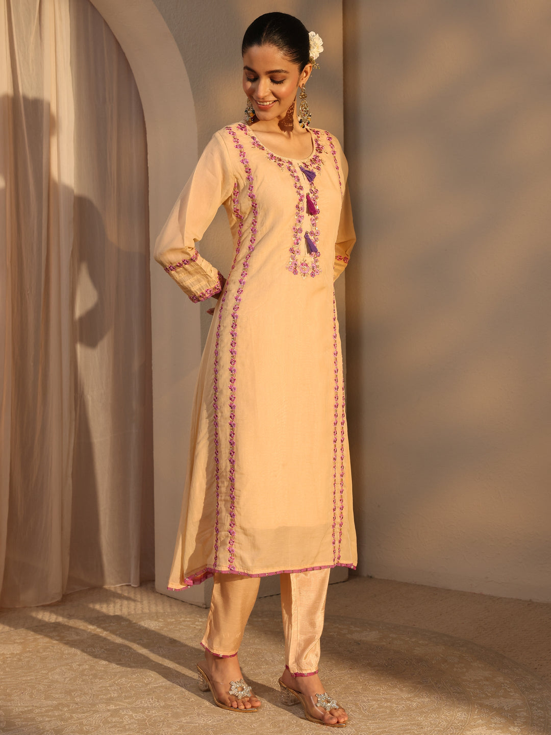 Cream Ethnic Embroidered Chanderi Cotton Straight Suits Set With Dupatta