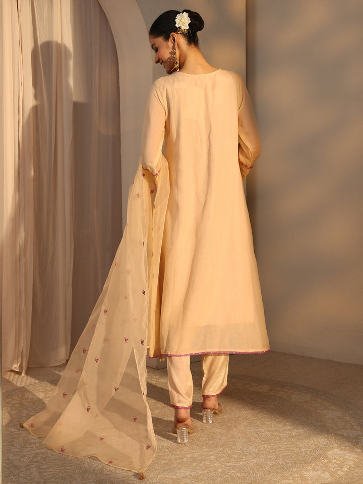 Cream Ethnic Embroidered Chanderi Cotton Straight Suits Set With Dupatta