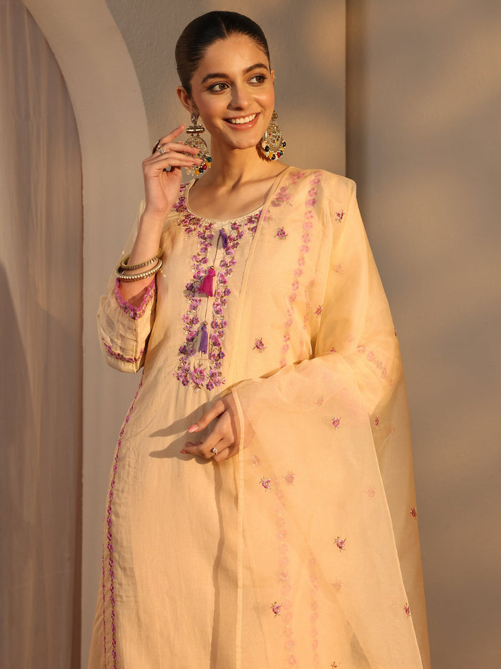 Cream Ethnic Embroidered Chanderi Cotton Straight Suits Set With Dupatta