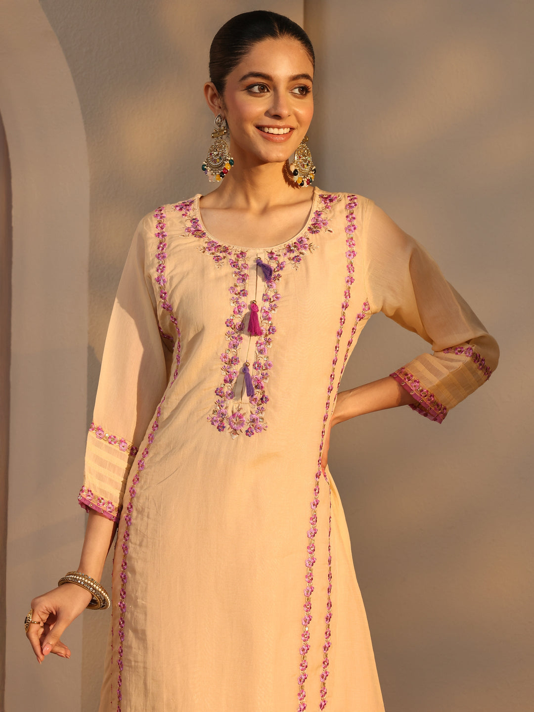 Cream Ethnic Embroidered Chanderi Cotton Straight Suits Set With Dupatta