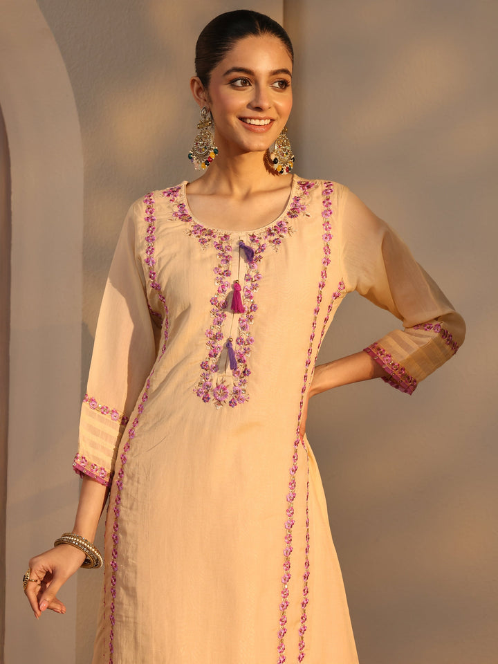 Cream Ethnic Embroidered Chanderi Cotton Straight Suits Set With Dupatta