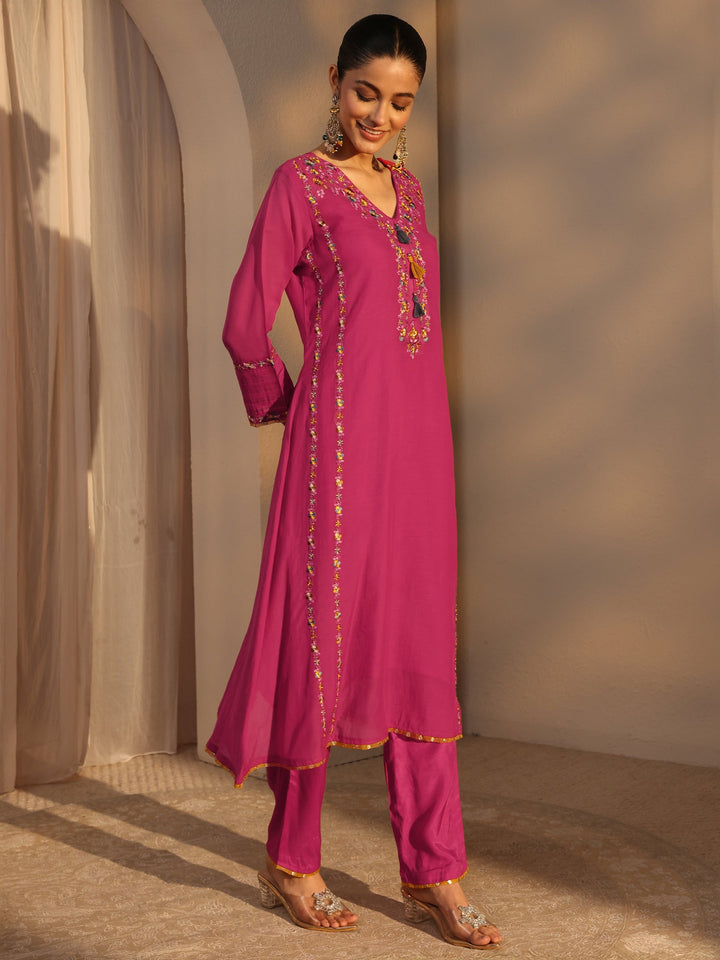 Pink Ethnic Embroidered Chanderi Cotton Straight Suits Set With Dupatta