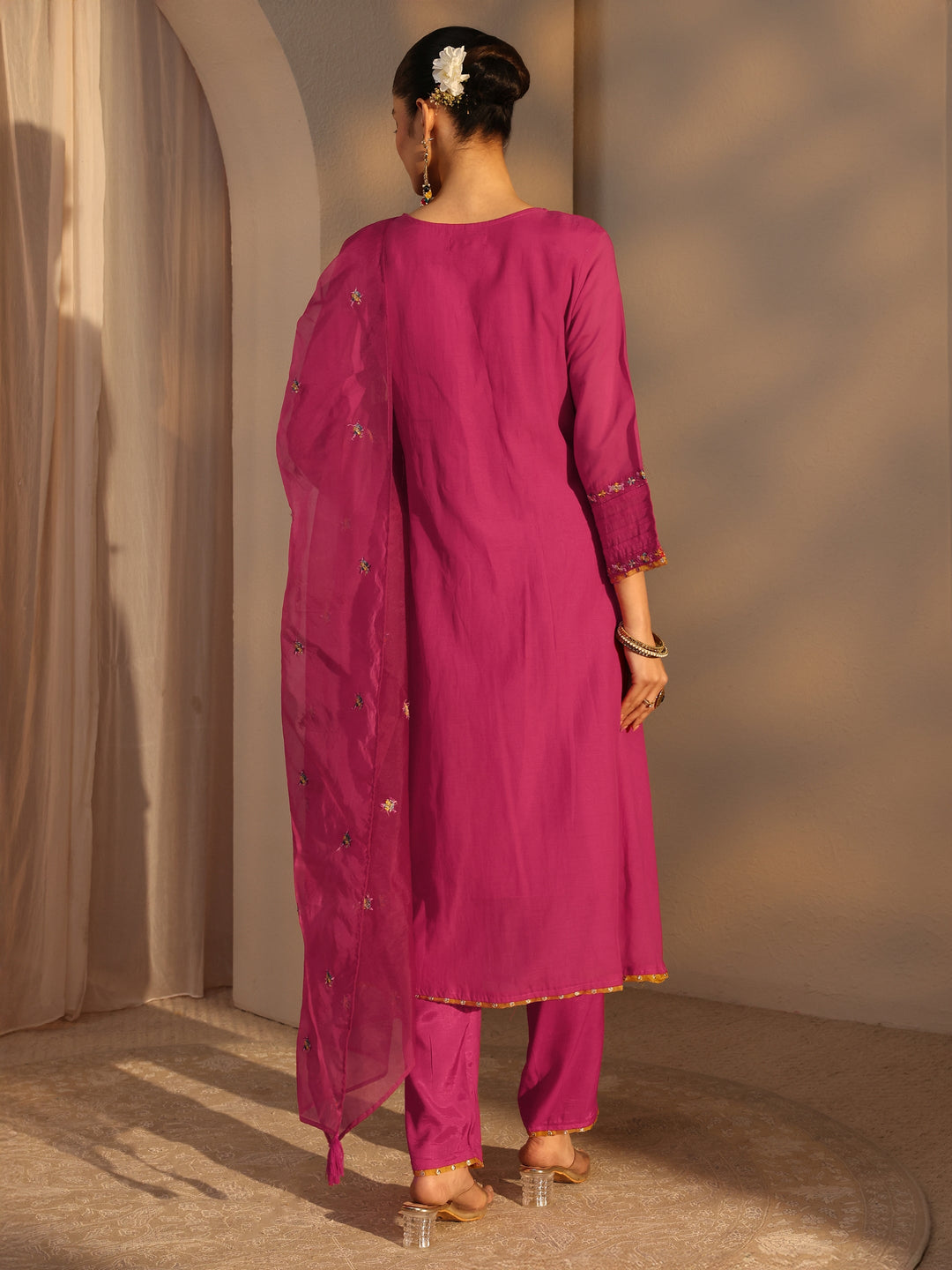 Pink Ethnic Embroidered Chanderi Cotton Straight Suits Set With Dupatta