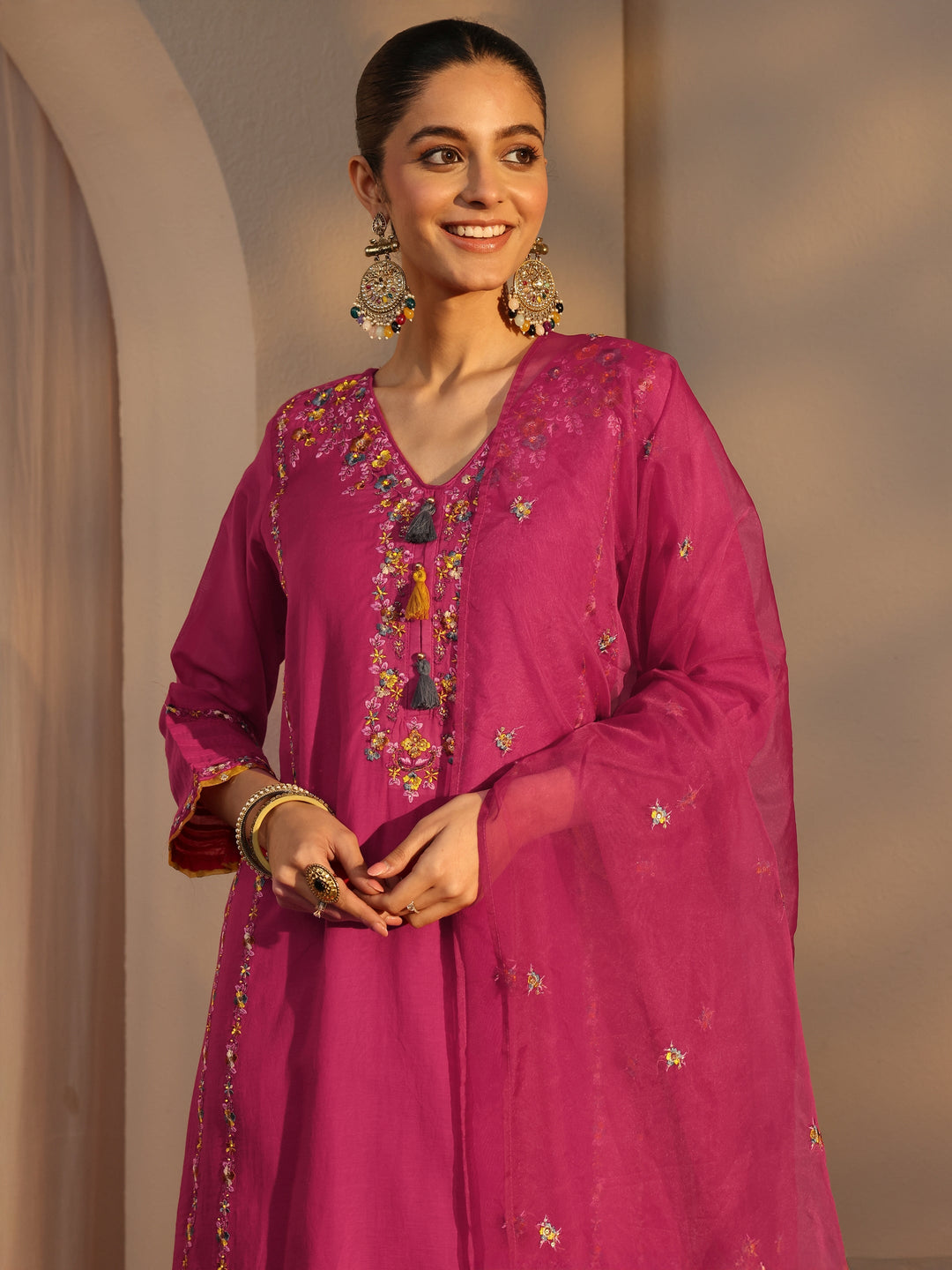 Pink Ethnic Embroidered Chanderi Cotton Straight Suits Set With Dupatta