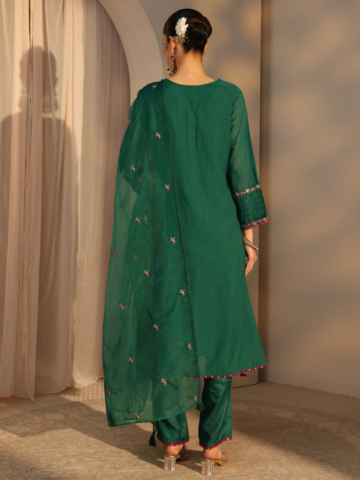 Green Ethnic Embroidered Chanderi Cotton Straight Suits Set With Dupatta