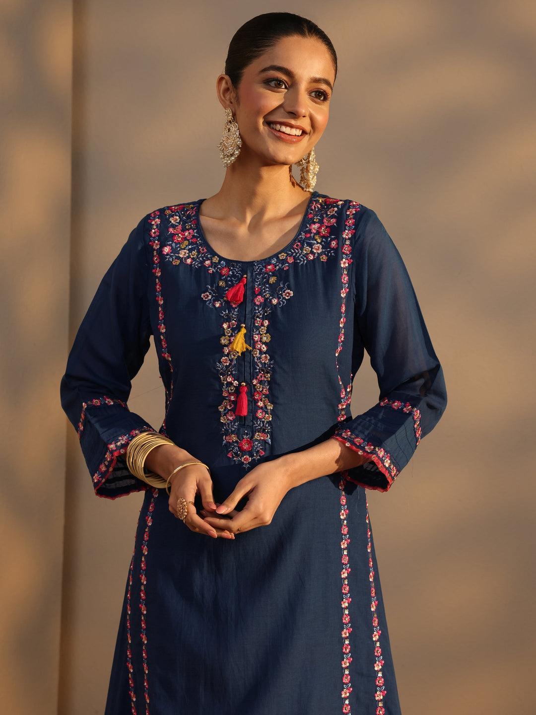 Blue Ethnic Embroidered Chanderi Cotton Straight Suits Set With Dupatta