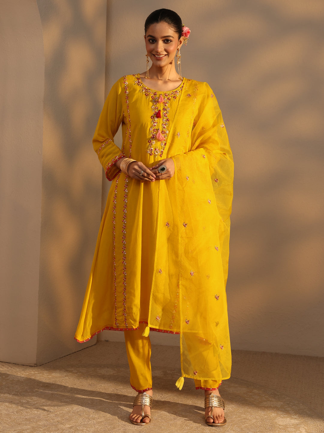 Yellow Ethnic Embroidered Chanderi Cotton A-Line Suits Set With Dupatta