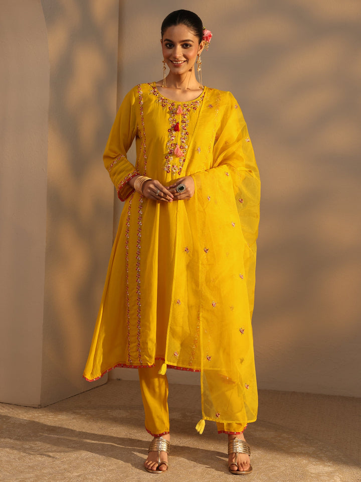 Yellow Ethnic Embroidered Chanderi Cotton A-Line Suits Set With Dupatta