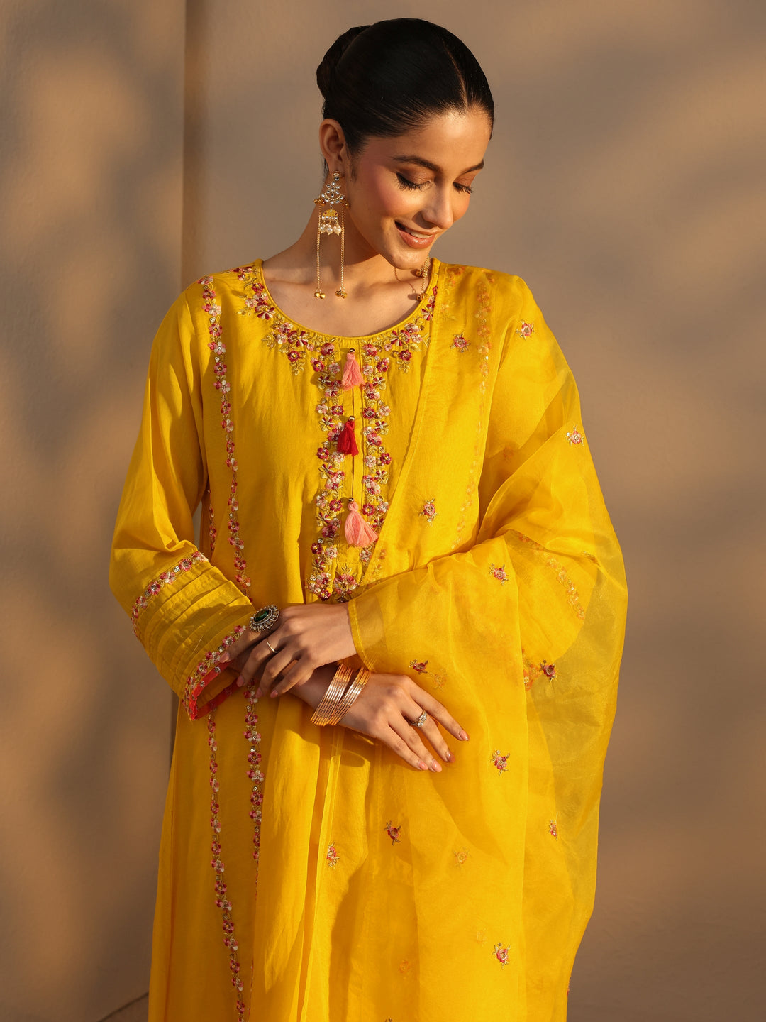 Yellow Ethnic Embroidered Chanderi Cotton A-Line Suits Set With Dupatta