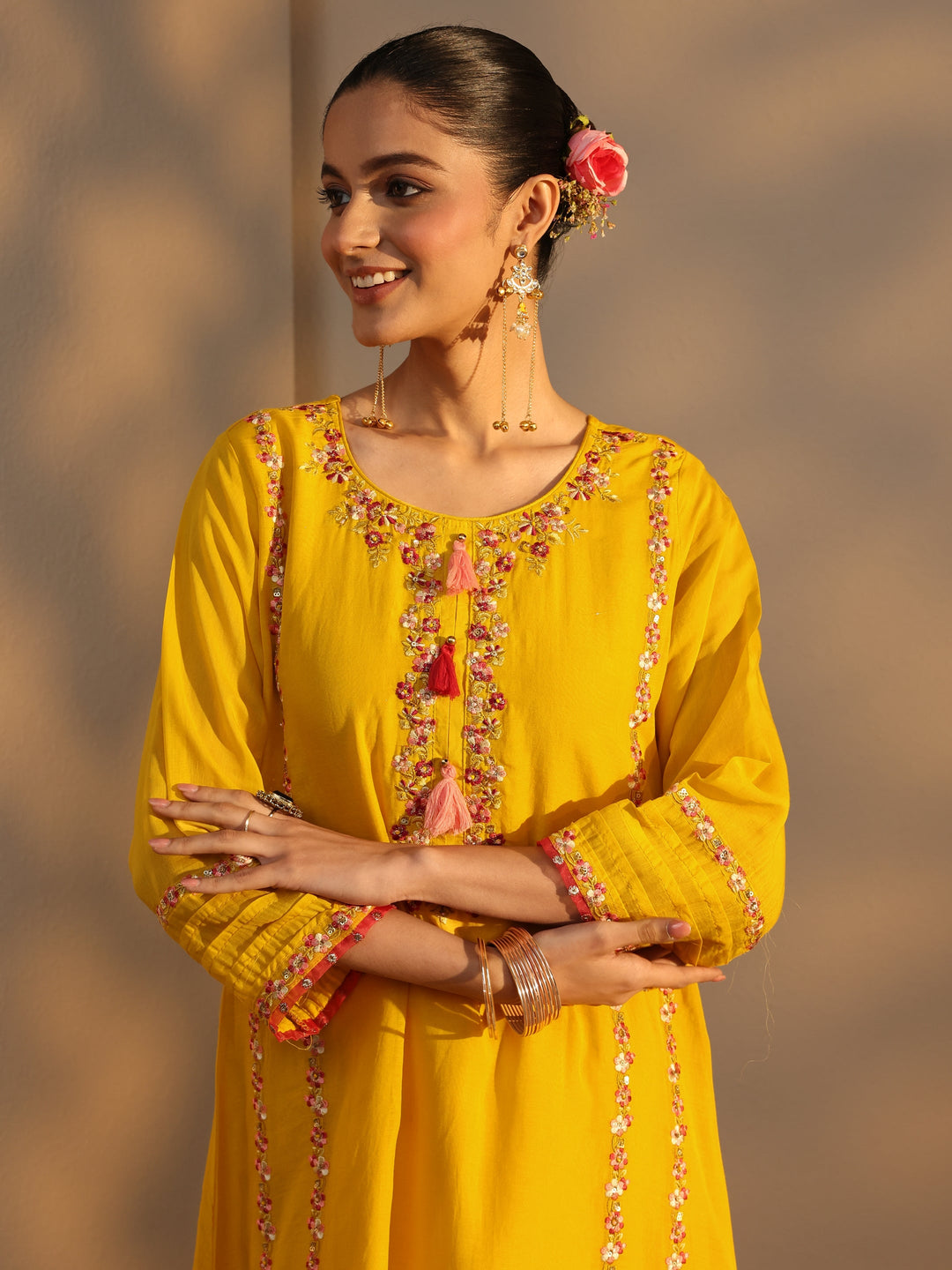 Yellow Ethnic Embroidered Chanderi Cotton A-Line Suits Set With Dupatta