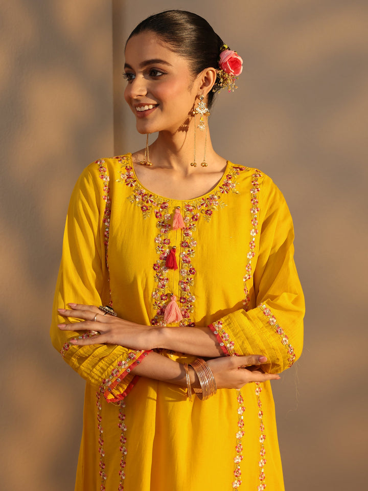 Yellow Ethnic Embroidered Chanderi Cotton A-Line Suits Set With Dupatta
