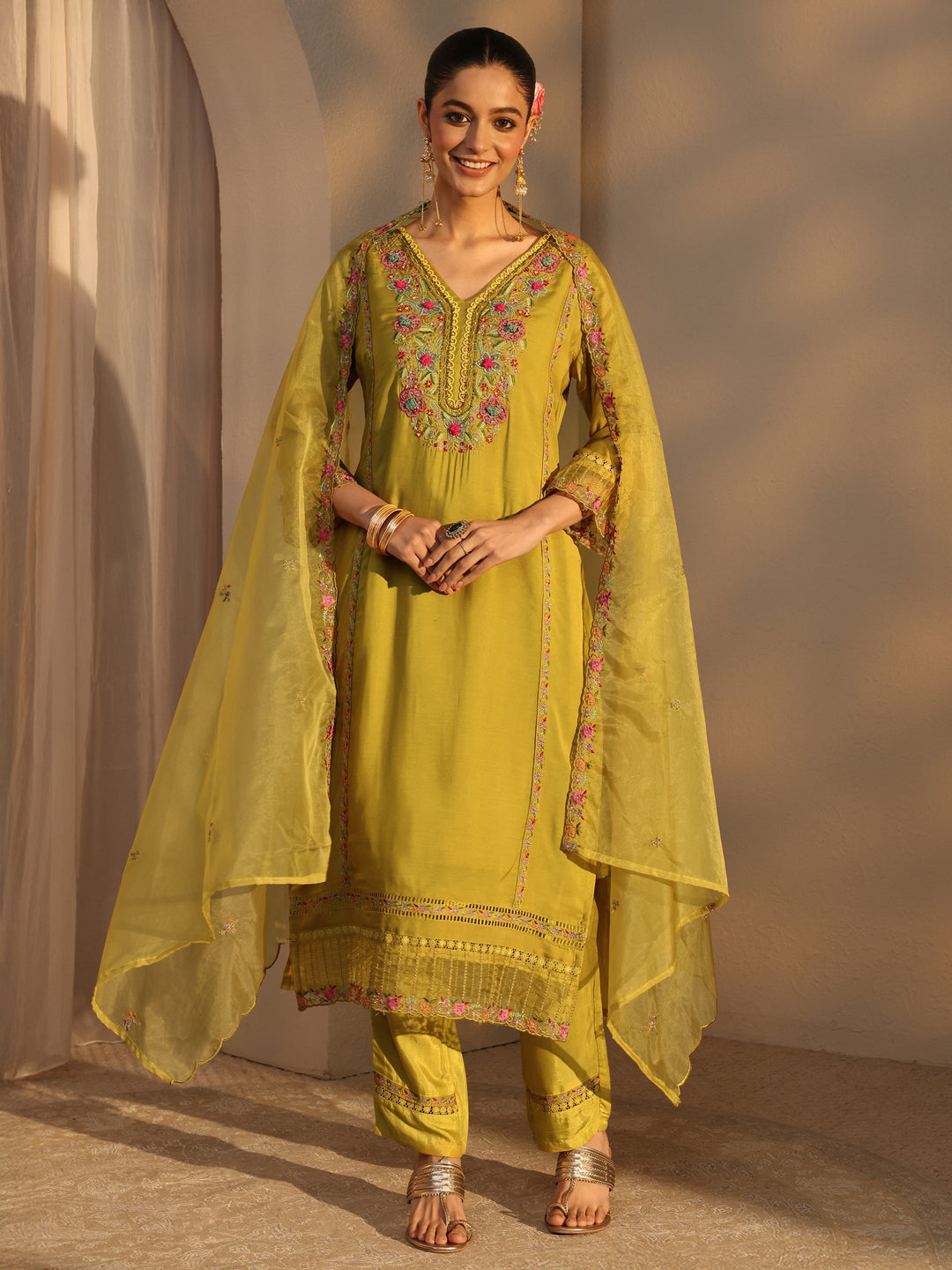 Mustard Ethnic Embroidered Silk Blend Straight Suits Set With Dupatta