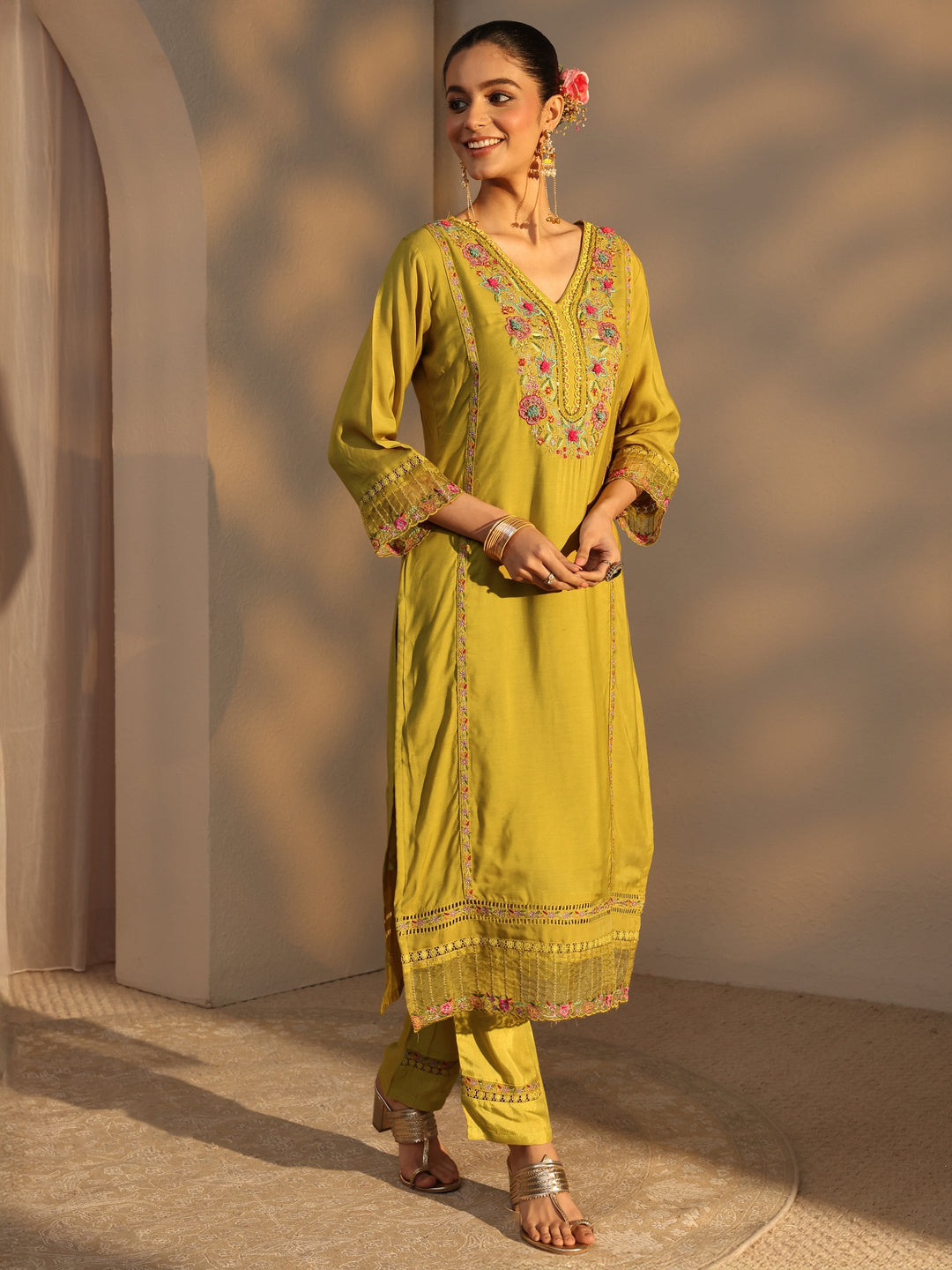 Mustard Ethnic Embroidered Silk Blend Straight Suits Set With Dupatta