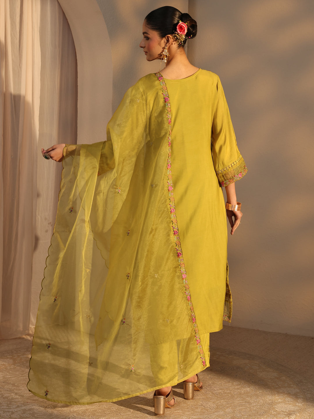 Mustard Ethnic Embroidered Silk Blend Straight Suits Set With Dupatta