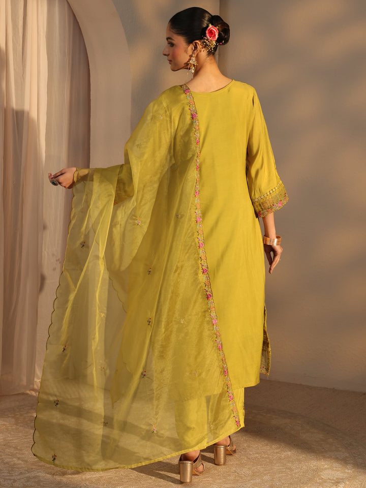 Mustard Ethnic Embroidered Silk Blend Straight Suits Set With Dupatta