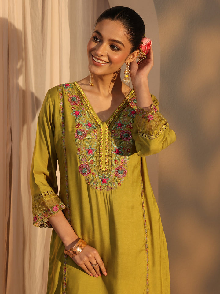 Mustard Ethnic Embroidered Silk Blend Straight Suits Set With Dupatta
