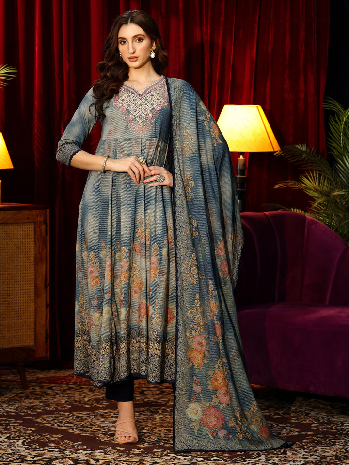 Libas Dusty Blue Floral Printed Cotton Anarkali Suit Set