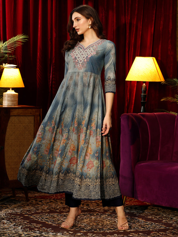 Libas Dusty Blue Floral Printed Cotton Anarkali Suit Set
