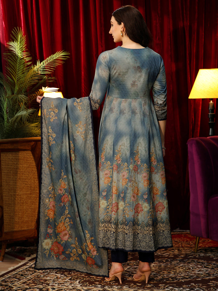 Libas Dusty Blue Floral Printed Cotton Anarkali Suit Set