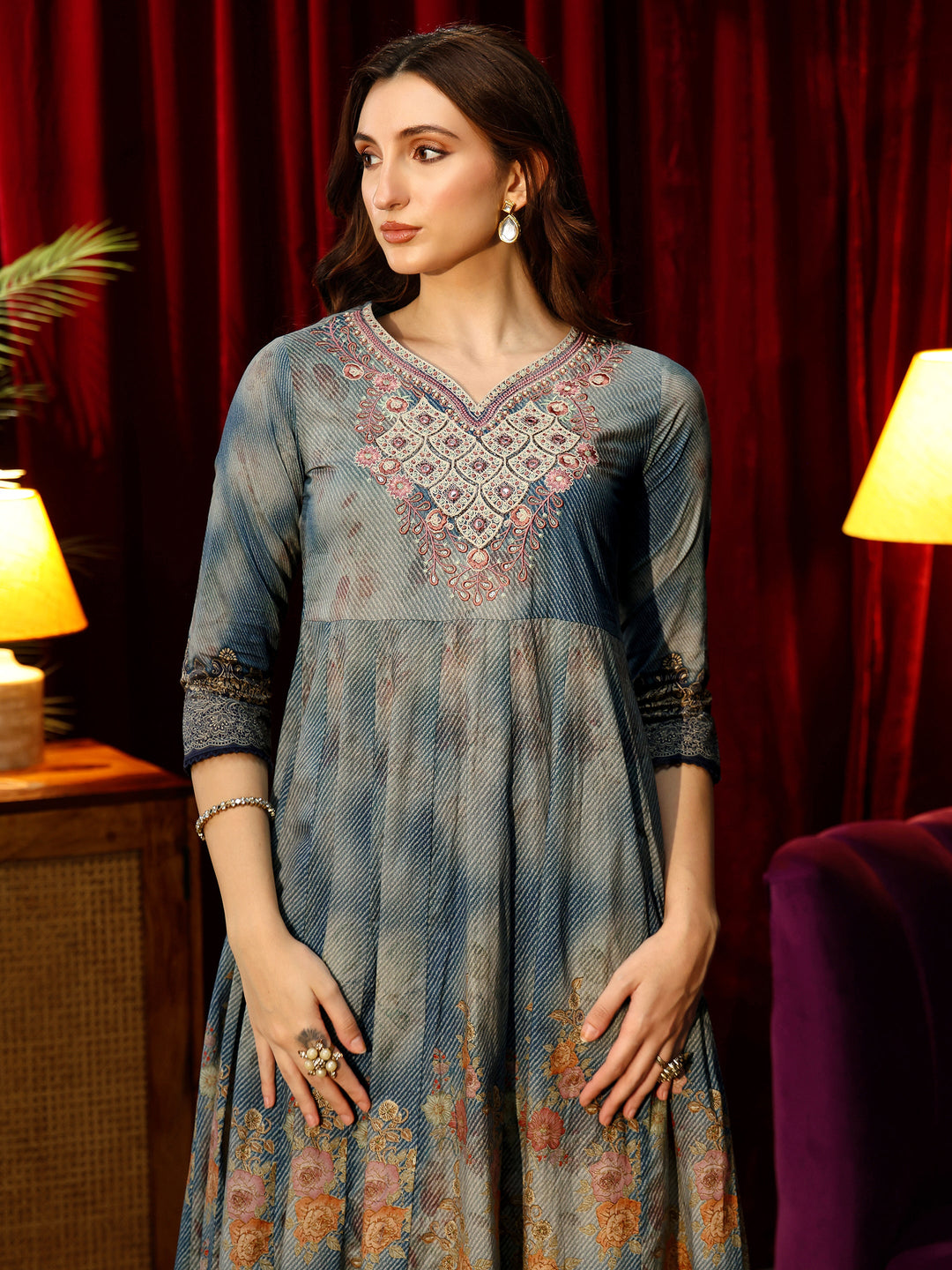 Libas Dusty Blue Floral Printed Cotton Anarkali Suit Set
