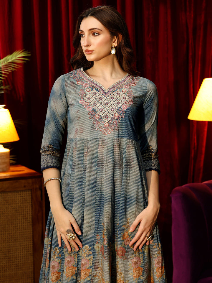 Libas Dusty Blue Floral Printed Cotton Anarkali Suit Set