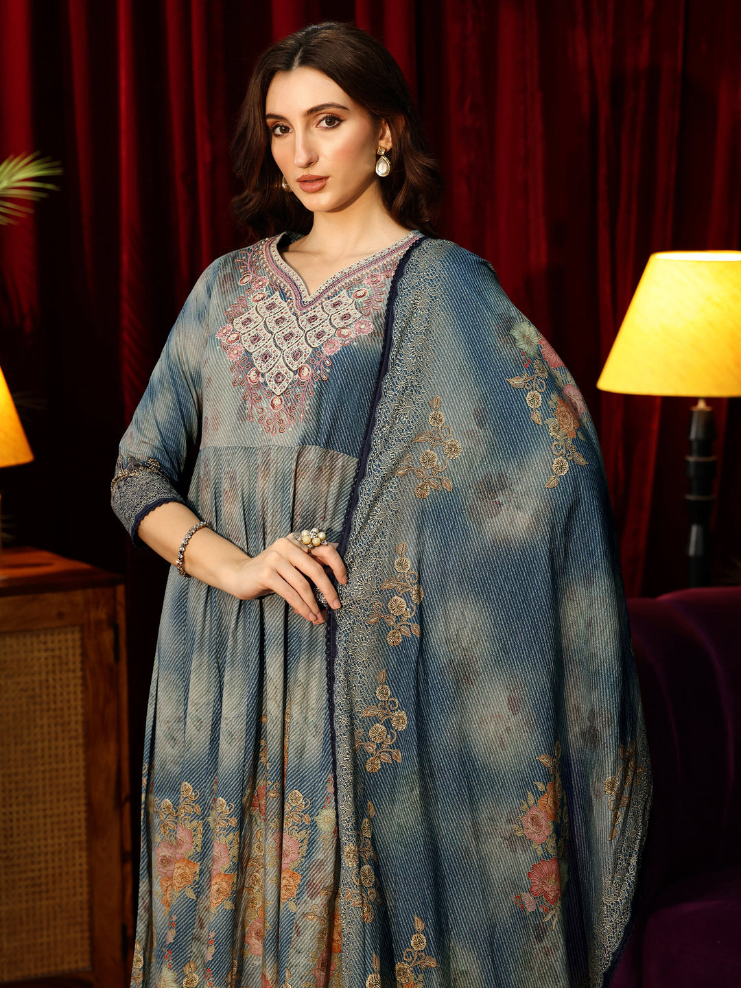 Libas Dusty Blue Floral Printed Cotton Anarkali Suit Set