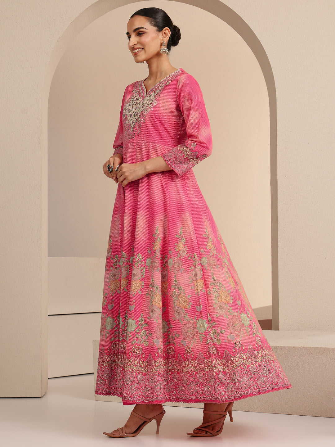 Libas Pink Floral Printed Cotton Anarkali Suit Set