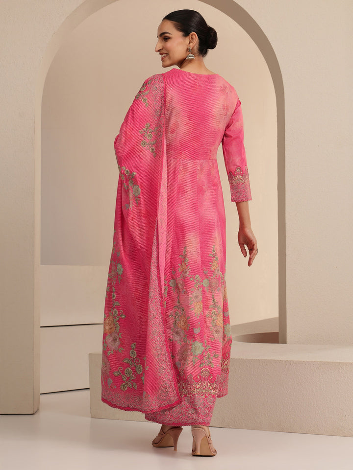 Libas Pink Floral Printed Cotton Anarkali Suit Set