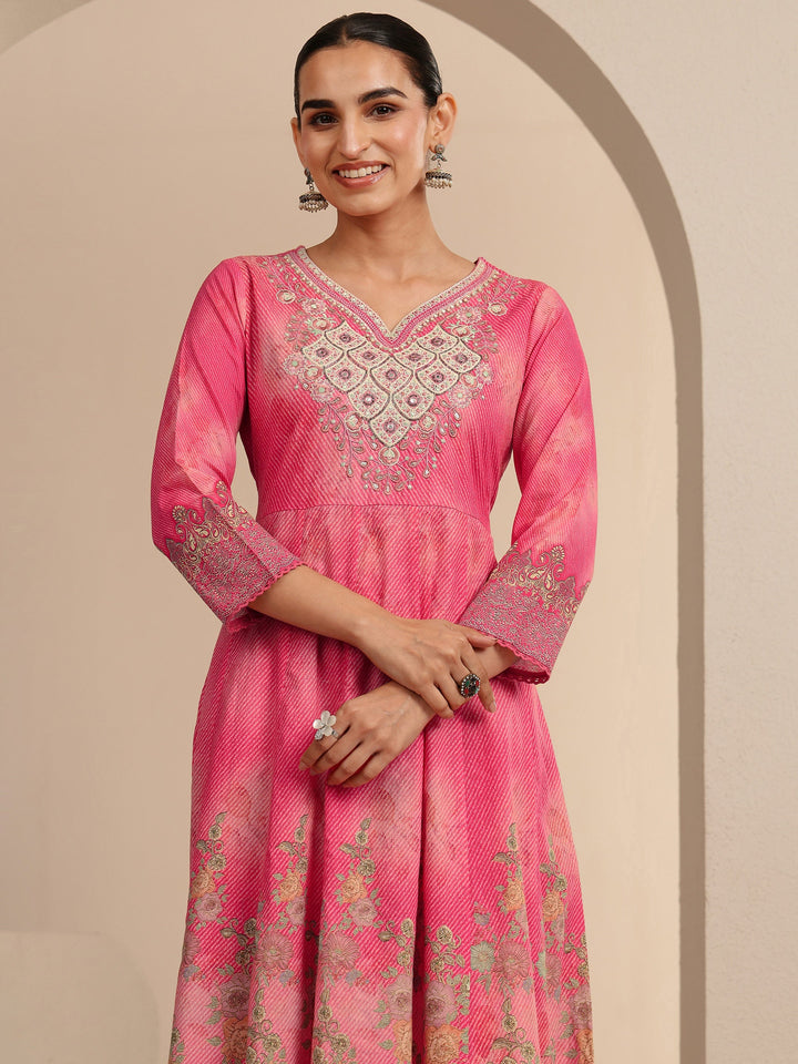 Libas Pink Floral Printed Cotton Anarkali Suit Set